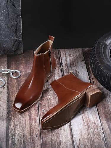 Image of LOZANO Italian Cut Classic Leather Chelsea Boots for Men | High Ankle Cuban Heel Square Toe Zip Closure Cushioned Insole Boot