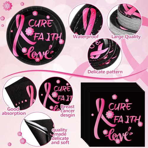 Image of Funnymoom 452 Pcs Breast Cancer Awareness Decoration Black Pink Cure Faith Love Paper Plates Napkins Cups Tablecloth Cutlery Straws for Breast Cancer Awareness Month Women Charity Activities Supplies