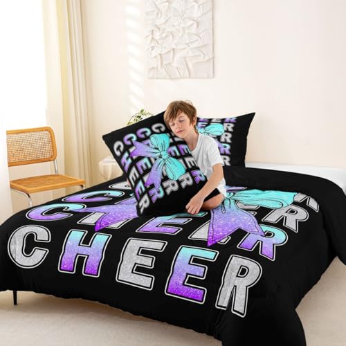 Image of Feelyou Cheer Bedding Set Soft for Boys Girls, Blue Purple Bowknot Comforter Set Toddler Size Sport Cheerleader Duvet Quilt Microfiber Cheerleading Bedroom Decor 2 Pcs with 1 Pillow Cases