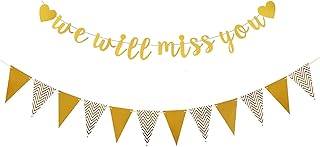We Will Miss You Retirement Party Decoration Se,Retirement Banner Sign Triangle Flag Kit, Farewell Banner for Retirement Farewell Graduation Going Away Party Background Decorations Supplies (Gold)