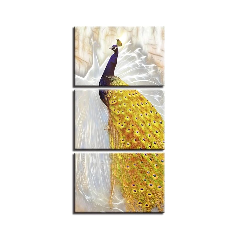 Tableau paon jaune doré en 3 parties déco murale de 90x50cm avec cadre