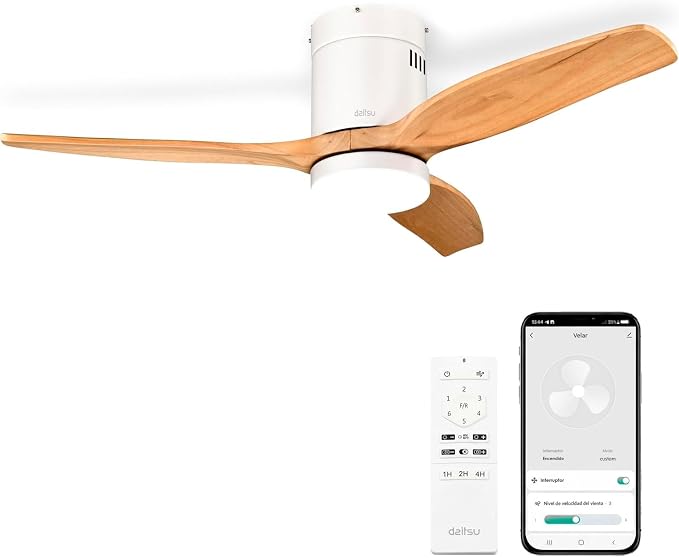 Daitsu Ventilador de Techo con Aspas de Madera Natural Velar | Función Verano/Invierno | 6 Velocidades | Luz Regulable | Control Wi-Fi App & Mando Inalámbrico (Ø122cm - Hasta 25m²)