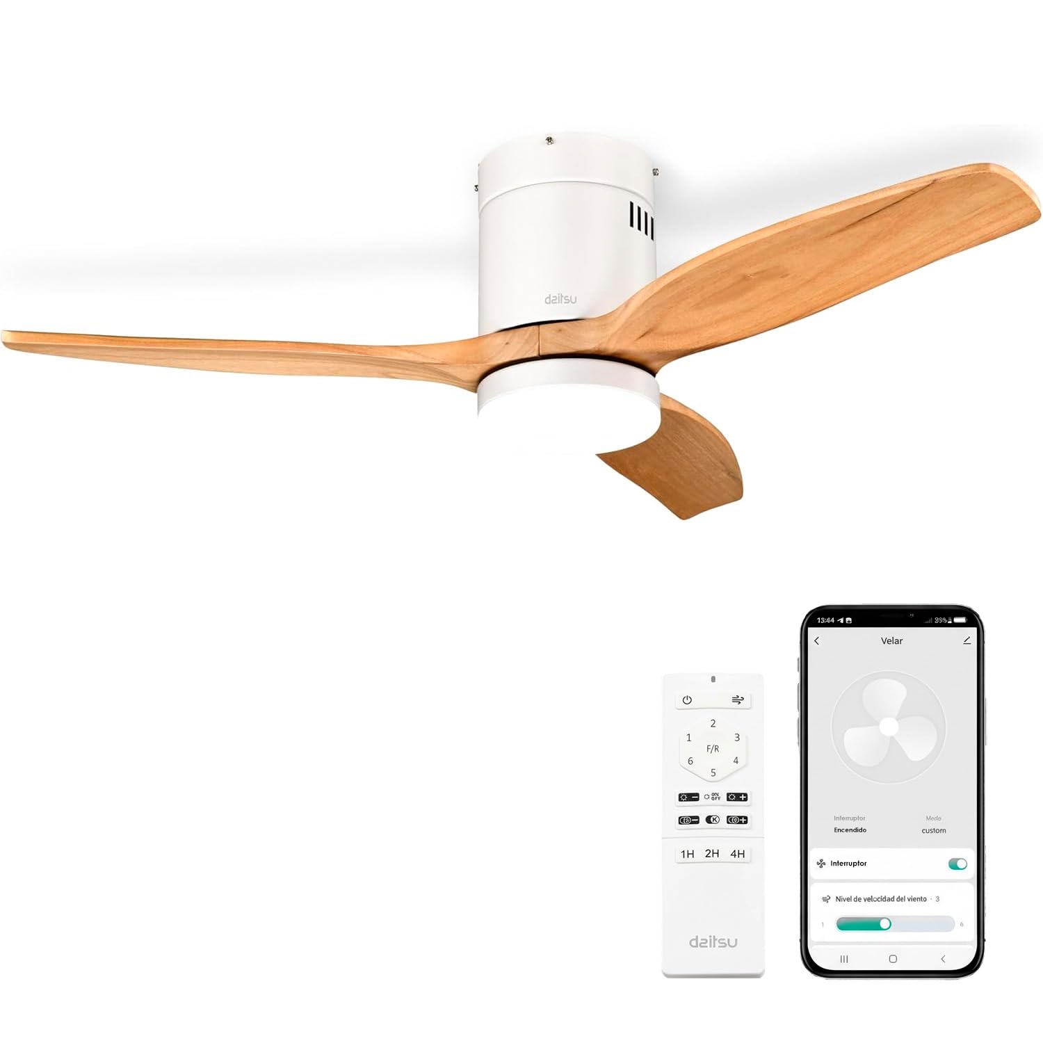 Daitsu Ventilador de Techo con Aspas de Madera Natural Velar | Función Verano/Invierno | 6 Velocidades | Luz Regulable | Control Wi-Fi App & Mando Inalámbrico (Ø107cm - Hasta 12m²)