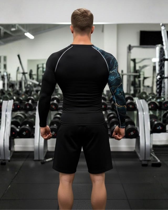 Image of Mens Gym Compression T-Shirt | Polyester Full Sleeve Sports Wear and Rash Guard for Training Workout and Athletic Activewear