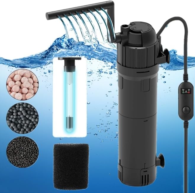 Internal Fish Tank Filter,5 in 1 Aquarium Filter with UV Steriliser,(Aeration/Rainfall,etc) Filter Pump for 80-200L Aquariums,650 L/H Aquarium Filter Pump Flow Rate and Direction Adjustable