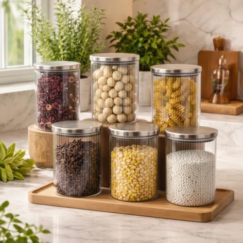 Image of amazon basics Fluted Glass Jars with Stainless Steel Lids, Set of 6, 600ml Decorative Kitchen Storage Containers for Snacks, Spices, Dry Fruits, Tea & Coffee