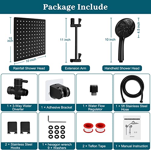 Rain Shower Head With Handheld Spray, Lanhado 10'' Matte Black Shower Head With 11'' Extension Arm, 9 Setting Handheld Shower Heads, Anti-Leak High Pressure Rainfall Shower Head With Hose, Chrome #TOP6