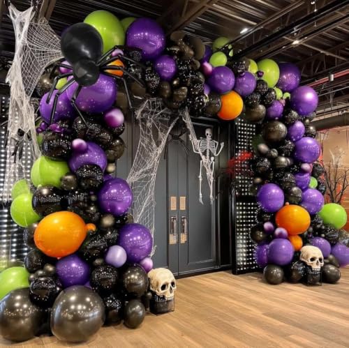 Image of Black Purple Balloon Arch Double Stuffed Latex Orange Green Metallic Purple Black Balloon Garland for Halloween Thanksgiving Wednesday Birthday Vampire Retirement Prom Decor