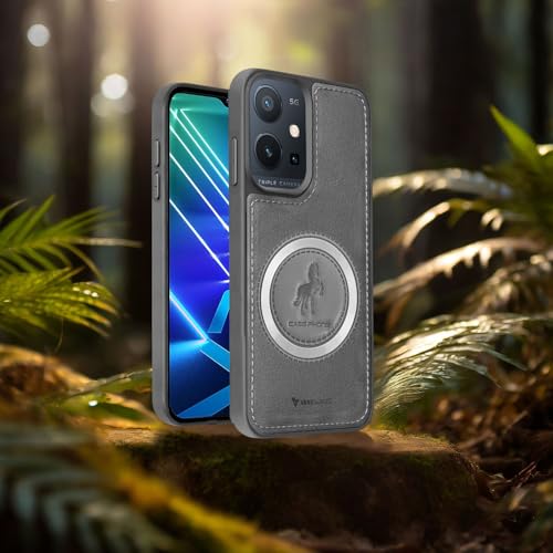 Image of Vaku Luxos Astrid Back Cover Case for Vivo Y75 5G Leather Stitched Magnetic Magsafe Wireless Charging TPU Phone Case Camera Screen Protector- Grey