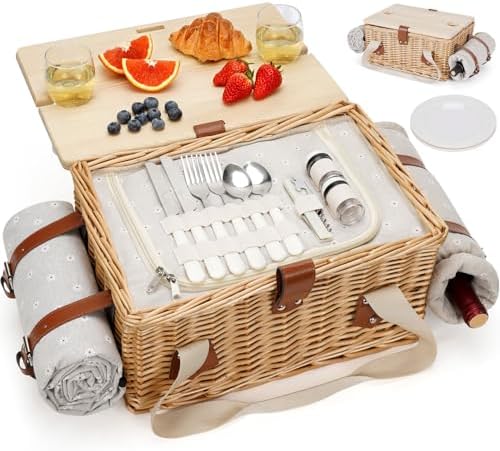 HappyPicnic Picnic Basket for 2, Handmade Wicker Picnic Set with ...