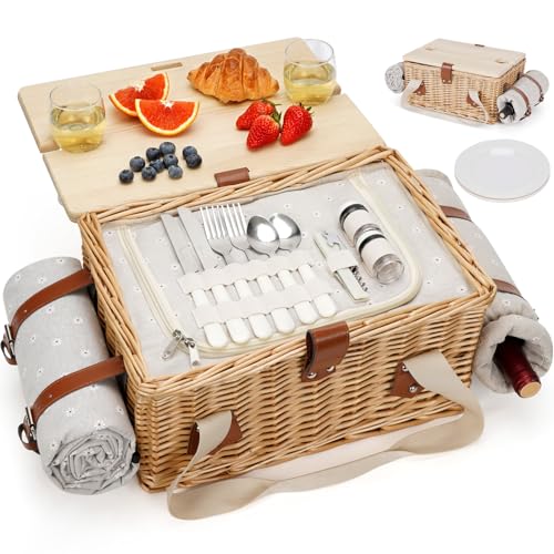 HappyPicnic Picnic Basket for 2, Handmade Wicker...