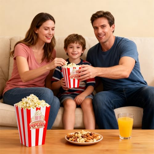 Image of 100Pcs Red White Striped Classic Popcorn Bucket, Disposable Popcorn Boxes for Movie Night, Home Halloween, Thanks Giving, Christmas Party