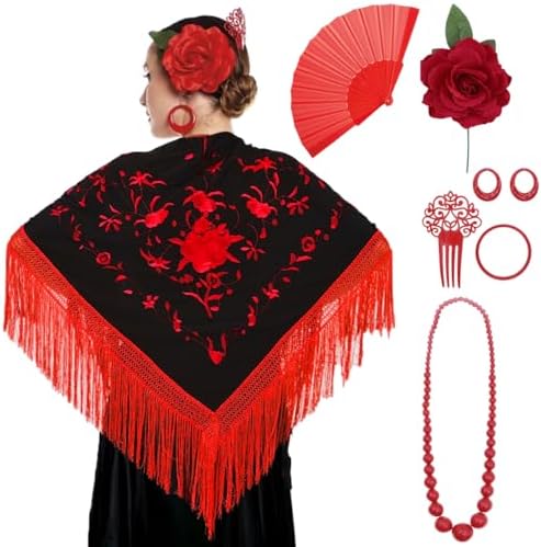 Manton de Manila Mujer Flamenca, Manton Bordado+Rosa Flamenca par...
