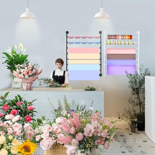 Image of Ribbon Organizer, 7 Tier Wall Mounted Metal Holder,Holiday /Birthday Gift Wrapping Organizer Storage Ribbon Storage Rack for Craft Cake Shop Flower Store,Tie Scarf Rack (Black)