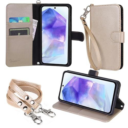wisers Galaxy A55 5G SC-53E SCG27 ケース 手帳型 スマホケース 対応 (ゴールド) (カードホルダー/スタンド機能付き) ストラップ 2種付き (ハンドストラップ/ネックストラップ) 2024年 新型