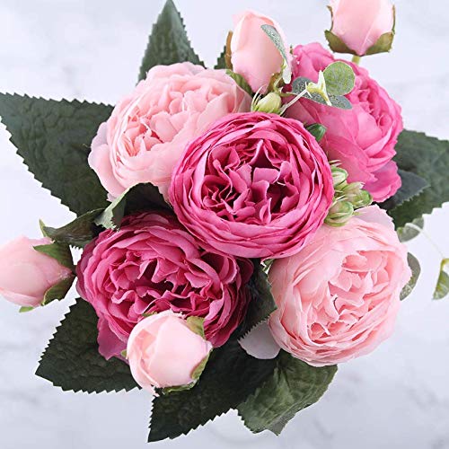 WEVB Bouquet de fleurs artificielles en soie rose pivoine pas cher fausses fleurs pour la famille mariage décoration d'intérieur (rose rouge) Cover