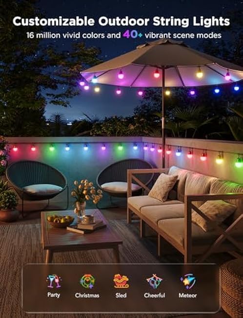 Govee Smart Outdoor String Lights 2, 144ft Outdoor Lights with Dimmable Warm White LED Bulbs, 47 Scene Modes for Patio, Backyard, Balcony, IP65 Waterproof, Works with Alexa, App Control