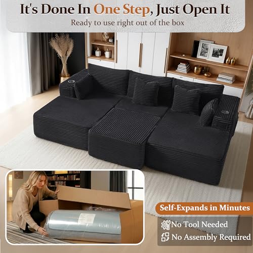 Image of 108 inch Cloud Sectional Couch, Comfort Sleep Sofa for Living Room, Extra Deep Seats No Assembly, Minimalist Modular Couch, Corduroy (Black, Widen Loveseat Chaise)