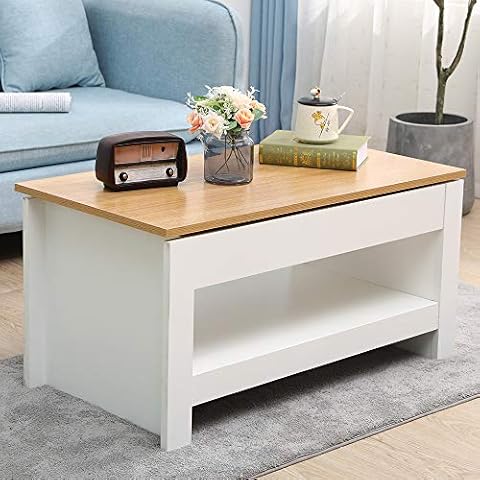 DONEWELL Living Room Furniture 2/3/4 Piece Set Lamp Table Sliding Top Coffee Table TV Stand Modern Simple Practical White+Oak/Grey+Oak (Sliding Top Coffee Table-White) Cover