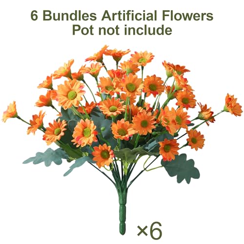 Image of HyeFlora Artificial Mums for Outdoors Fall Decor, 6 Bundles Fake Flowers UV Resistant Realistic Faux Flowers Bouquet Silk Flowers for Outside Planter Porch Patio Garden Yard Balcony Home, Orange