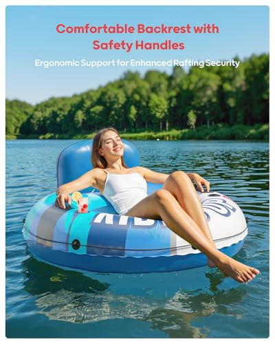 Image of QPAU Inflatable River Tube, 0.4 mm Thickened Puncture-Resistant Heavy Duty River Float, River Raft with Ergonomic Backrest, Mesh Bottom & 2 Cup Holders for Adults and Friends Lake Float