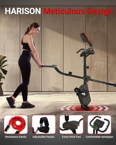 HARISON Folding Exercise Bike 350 LBS Capacity, 5 in 1 Bluetooth Stationary Bikes for Home with 16-Level Resistance and Arm Resistance Bands, Magnetic X-Bike with LCD Monitor & Back Support - Thumbnail 5