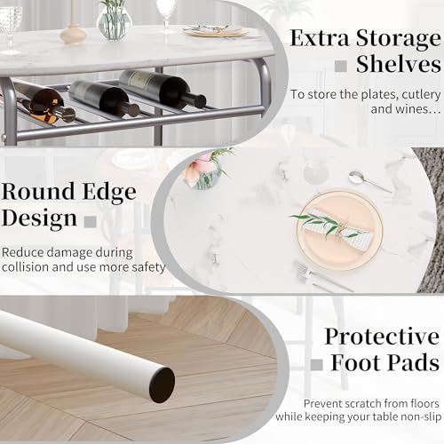 Image of VECELO 3-Piece Dining Table Set for Kitchen Breakfast Nook, Faux Marbled Oval Tabletop and Metal Frame with Built-in Wine Rack, for Small Spaces, White & Silver