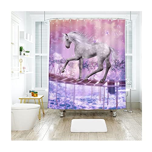 Curtains for Bathroom, Multicolor Shower Curtain Set Single Bridge, White Horse Wonderland Shower Curtain Waterproof 79X71 Shower Curtain