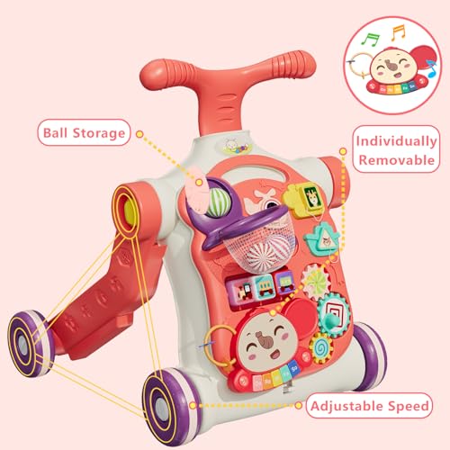 Hyes Baby Walker For Girls 5 In 1, Activity Center Learning To Walk, Sit To Stand, Early Learning Push Toys For Infant, Push Walkers Toys With Music For Toddlers, Red - 5