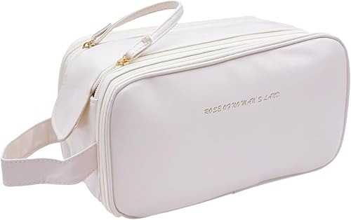 Bolsa de maquillaje de viaje con soporte para cepillos, bolsas de cosméticos de gran capacidad para mujeres, bolsa portátil de cuero organizador de