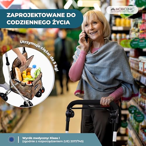 Mobiclinic®, Wózek Spacerowy Składany, Wózek na Zakupy z Siedziskiem, 21 L, Chodzik, Pojedyncza Dźwignia, Stal, Duży Kosz, Oparcie i Wyściółka, System Hamowania, Koła 360º, Coliseo