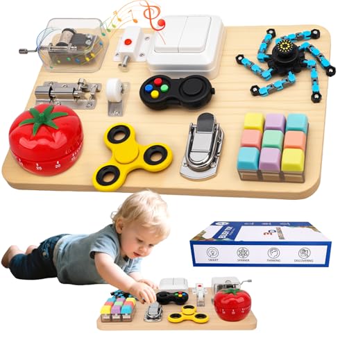 Busy Board Toy for Toddlers, 11 in 1 Wooden Montessori Educational Fidget Sensory Toy for Stress Relief, Activity Board Desk Gadget for Kids Preschool Learning, Car Airplane Travel Birthday Gift 11