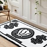 RoomTalks Boho urocze dywany do łazienki, kuchni, akademika, sypialni, estetyczne, 2 x 3 małe dywany, czarny i biały, funky, modna fajna mata łazienkowa, antypoślizgowa, zmywalna, kreskówkowa, dla