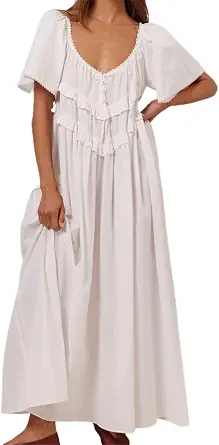 Women Short Sleeve Low-Cut Long Dress, Solid Plaid Pleated Loose Swing Maxi Dress