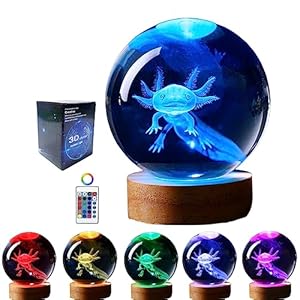 axolotl lamp,3.15 inch 3D K9 Crystal Ball Axolotl Night Light with Wooden Base,16 colors change,remote control,color box,Birthday Christmas axolotl Gift