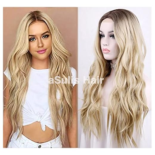aSulis Natural Long Wavy Wig Dark Roots Ombre Blonde Wig Middle Parting Synthetic Replacement Wig 28" (Blonde)
