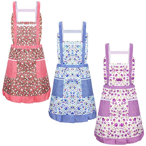 Zhanmai 3 Pieces Women Floral Aprons Kitchen With Pockets Soft Chef Aprons Girls Cooking Aprons For Cooking Gardening Size Small To Medium (Purple, Blue, Peach) #TOP8