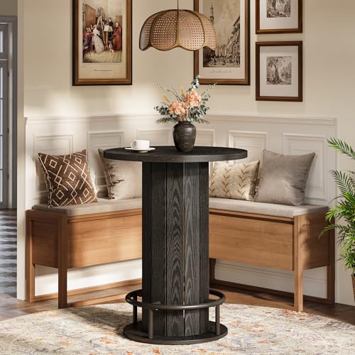 Image of Tribesigns Round Dining Table, Bar Height Commercial Kitchen Table with Wood Strip Base and Footrest, for Dining Room, Restaurant, Cafe, Bakery, Pub, Apartment, Black (Only Table)