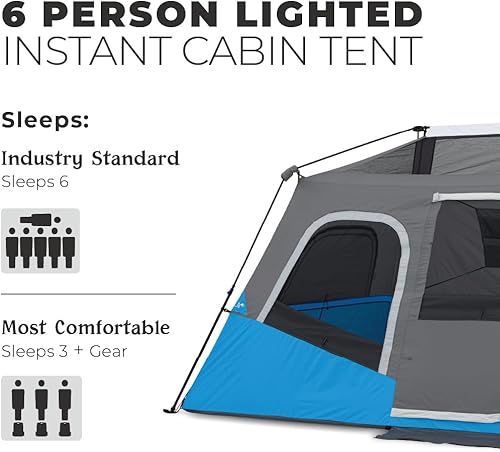 Miniatura 2 de CORE Tienda de campaña instantánea con luces LED  Carpas multihabitación para acampar  Tienda de campaña iluminada de cabina familiar grande  Tienda