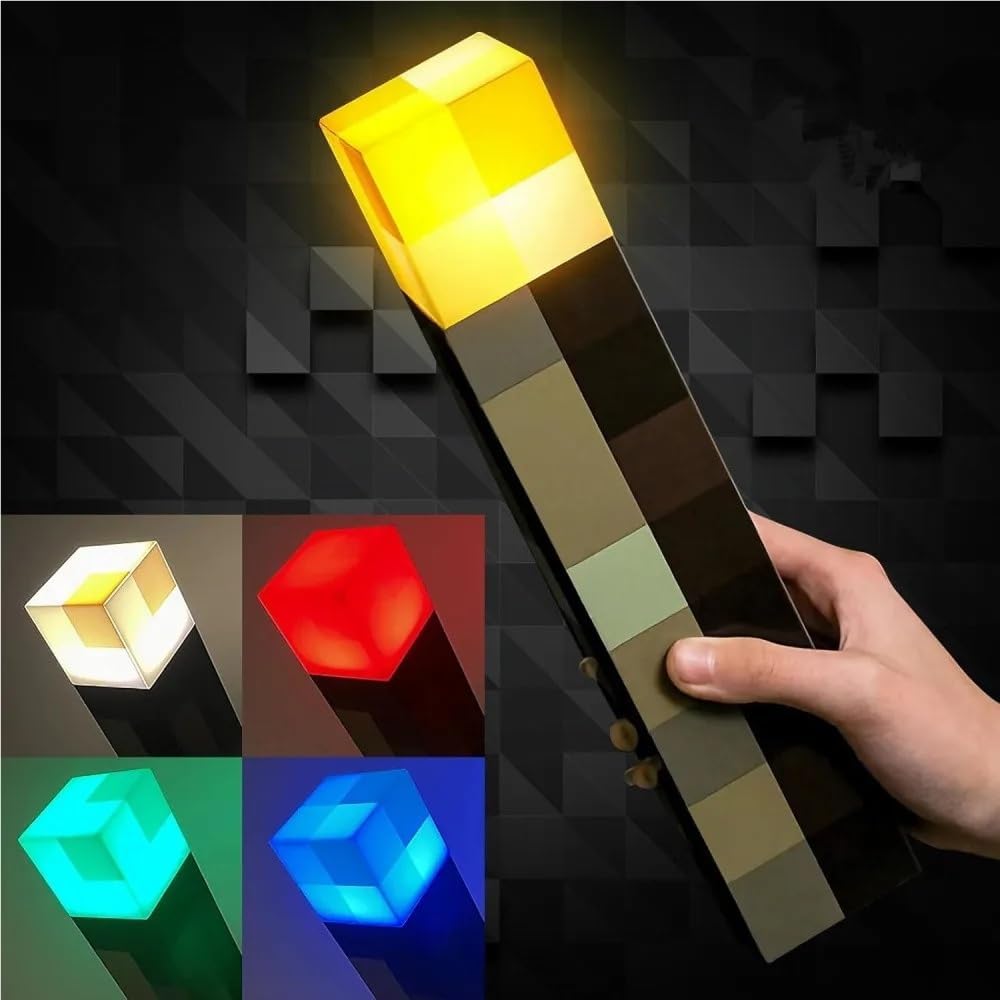 MC Game Brownstone Torch Lamp Figure 4Colors LED Night Light Bedroom Decorative Table Lamp USB Charging with Buckle Kids Toy GIF