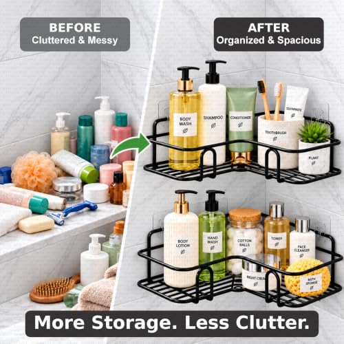 Image of LUMONY Set of 2 Bathroom Organiser Without Drill | Metal Corner Shelf Rack | No Drilling Self Adhesive Wall Mounted Storage Organizer | Rustproof Bathroom-Kitchen Shelves 8-9 Inch (Black)