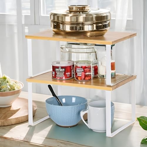 Image of Decorlay Metal & Wooden Free Standing Shelf Organizer Bathroom Kitchen Counter Top Shelves, Spice Rack for Pantry Dressing Cabinet Office Table Area (White + Beech)