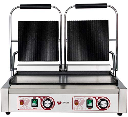 Beeketal 'BKG8' Gastro Doppelt Kontaktgrill mit Gusseisen Grillpatten (oben gerillt unten glatt) mit Fettauffangschale, Profi Edelstahl Elektrogrill ideal als Panini Grill Maker oder Sandwich Toaster