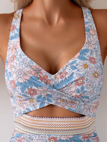 Image of B2prity Women's One Piece Swimsuit Tummy Control High Waisted Bathing Suit | Color Block,Removable Soft Cups,Cutout,V neck,Full Coverage,Adjustable Criss Cross Straps,Tie Back