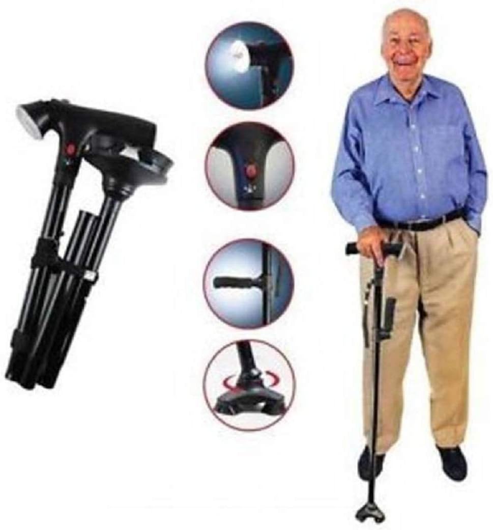 N M Z Adjustable Twin Grip Cane Safe & Easy 2-Handled Cane for Seniors with LED Lightweight Folding Walking Cane for Men & Women Black