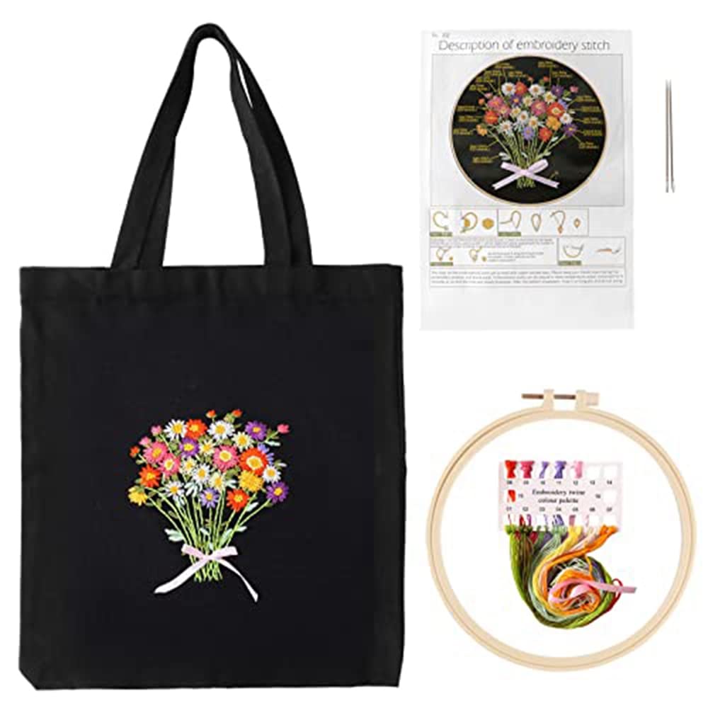 CTRLZS Embroidery Kit for Beginners with 1 Canvas Tote Bag 1 Embroidery Hoop Thread and Needle-A