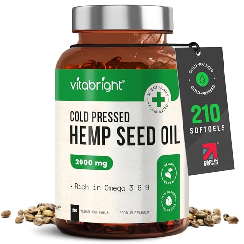 VitaBright Vegan Hemp Oil (for Humans) Omega 3 6 9 Capsules High Strength | 2000mg Daily | 210 Hemp Seed Oil Capsules | 3+ Months | Cold Pressed Virgin Omega 369 Softgels