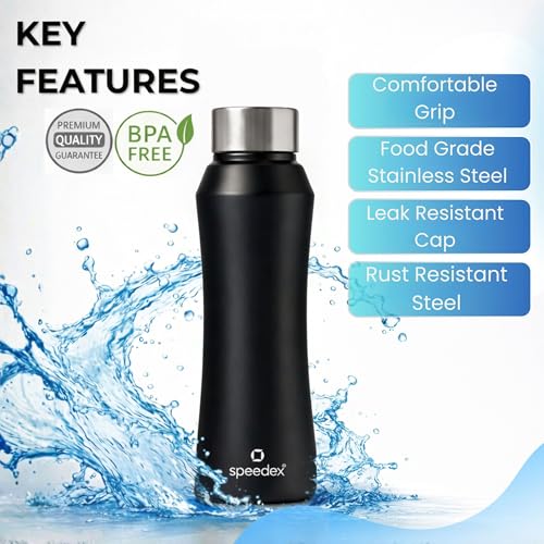 Image of Speedex Stainless Steel Water Bottle 1 Ltr, Leak Proof Screw Cap, BIS Approved 1000 ml Metal Bottle For Daily, Office, School, Gym, Travel Use for Men, Women, Kids, Adults, Black, Set of 4