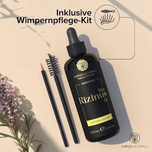 Rizinusöl Kaltgepresst Bio -100 ml - 100% kaltgepresst & ohne Hexan, hoher Ricinolsäuregehalt, Haaröl & Gesichtsöl für Bart, Wimpern, Brauen, Nägel & Haut – Castor Oil Organic Wimpernpflegekit