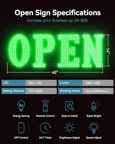 Image of 30 inchx10 inch Large LED Open Sign BT and Remote Control Open Signs Super Bright Dimmable Business Open Sign for Storefront Window Bar Salon Cafes Retail Shops Green